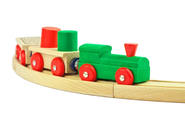 Ζωηρόχρωμο ξύλινο παιχνίδι τρένο απομονωθεί σε λευκό φόντο — Φωτογραφία Αρχείου