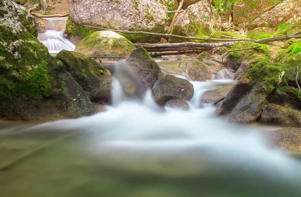 Rio Montanha na primavera. Um fluxo de água na floresta — Fotografia de Stock