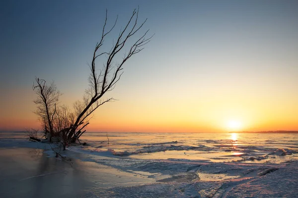 Zimní krajina s zádrhel na zamrzlé jezero nedaleko pobřeží — Stock fotografie