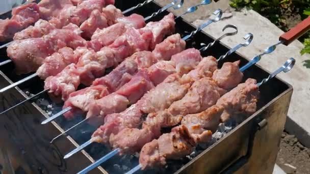 Man Cook Vlees Een Spies Man Hand Ingeschakeld Gegrild Vlees — Stockvideo