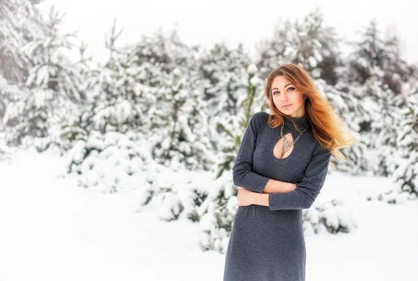 Hermosa joven posando en el invierno en el bosque frío —  Fotos de Stock