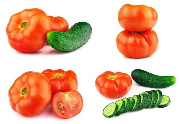 Tomates rojos maduros, pepino, aislados sobre fondo blanco —  Fotos de Stock