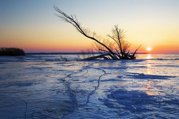 Paisaje invernal con enganche en el lago congelado cerca de la orilla — Foto de Stock