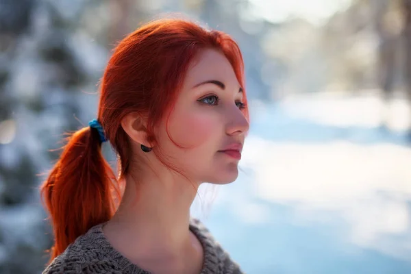 Beautiful charming girl with red hair in the winter park. Pensiv — Stok fotoğraf