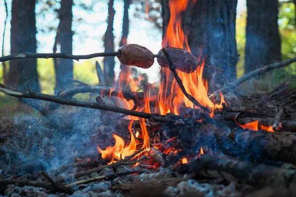 Fry sausages in nature. Barbecue and kebabs in travel. Leisure. — Stockfoto