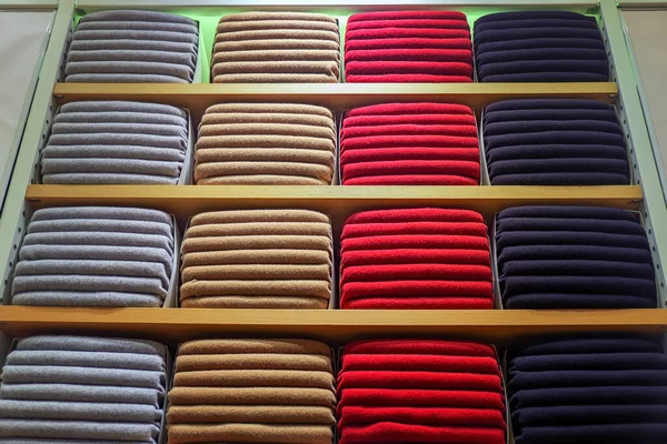 Colorful Clothes Background Various Color Sweaters Perfectly Folded Shelf Shop — Stock Photo, Image