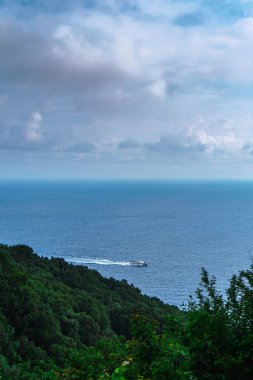 Akdeniz turkuaz denizinde gezen beyaz yatın güzel manzarası ve ön planda üzüm bağları. Cinque Terre, Azure Trail, İtalya. 
