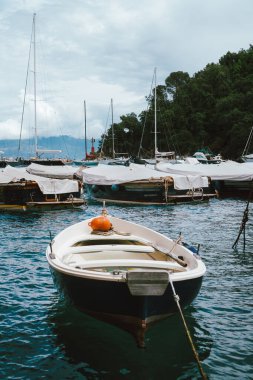 Portofino 'nun çarpıcı panoramik manzarası, dünyanın en güzel sahil kasabalarından biri. İtalyan Rivierası 'nın arka planında yatla dolu liman ve dağların olduğu Akdeniz manzarası. 
