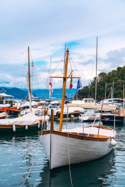 Portofino 'nun çarpıcı panoramik manzarası, dünyanın en güzel sahil kasabalarından biri. İtalyan Rivierası 'nın arka planında yatla dolu liman ve dağların olduğu Akdeniz manzarası. 