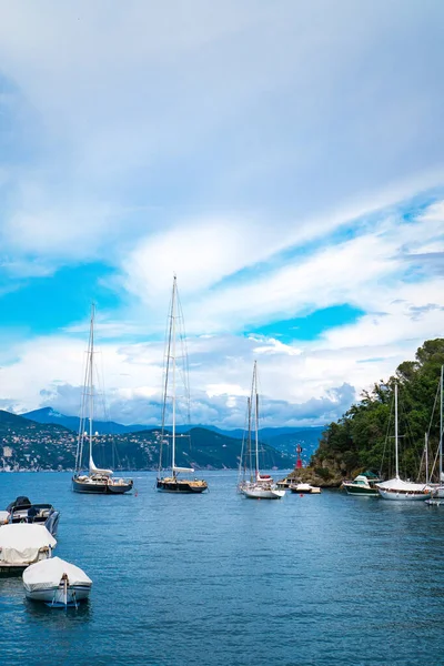 Portofino 'nun çarpıcı panoramik manzarası, dünyanın en güzel sahil kasabalarından biri. İtalyan Rivierası 'nın arka planında yatla dolu liman ve dağların olduğu Akdeniz manzarası. 