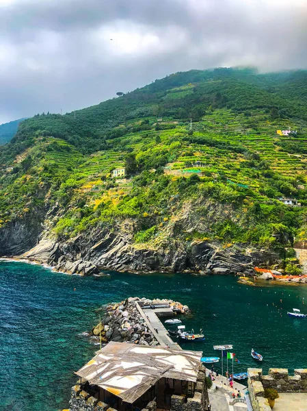 Bredvinkelpanorama Fantastisk Utsikt Över Portofino Världens Vackraste Kuststäder Den Italienska — Stockfoto