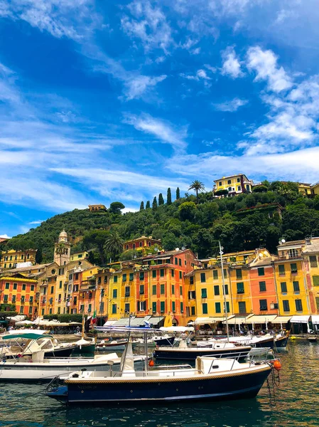 Panorama Gran Angular Impresionante Vista Portofino Una Las Ciudades Costeras — Foto de Stock
