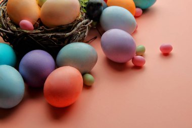 Paskalya 'da, eğreltiotu filizli pembe arka planda bir yuvada çok renkli yumurta ve lolipoplar..