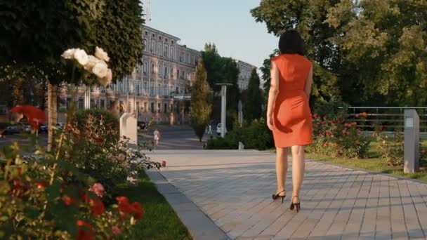 Reife kaukasische Frau zu Fuß in den Park — Stockvideo