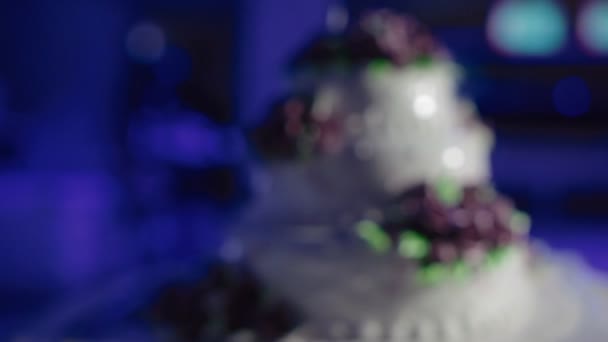 Hermoso pastel de boda con rosas púrpuras — Vídeo de stock