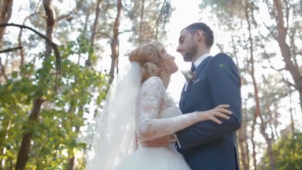Sposa e sposo in posa nel bosco — Video Stock