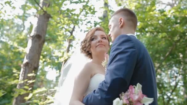 Bride and groom pose in the wood — Stock Video