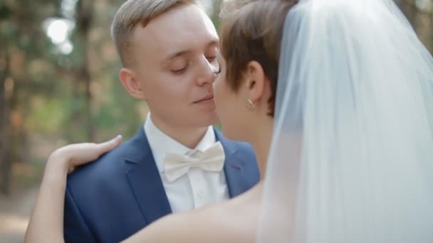 Menyasszony és a vőlegény a fa pózol — Stock videók