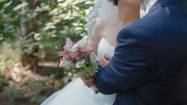 Bride and groom pose in the wood — Stock Video