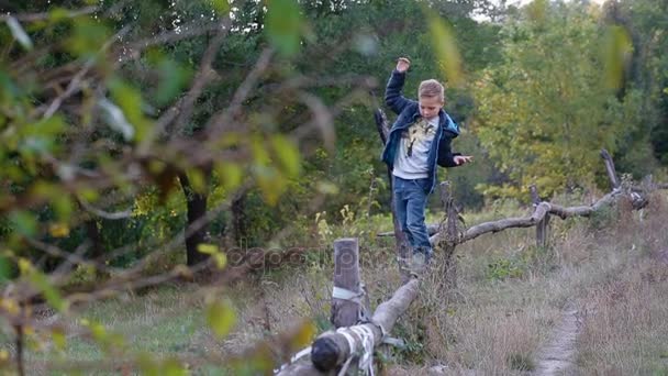 Мальчик ходит по полю на открытом воздухе — стоковое видео
