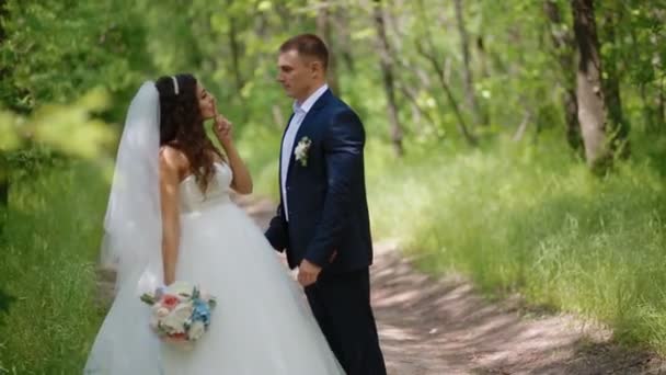 Bride and groom pose in the wood — Stock Video