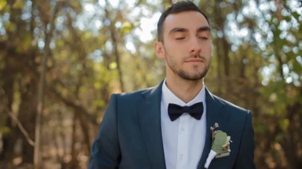 Portrait of the groom.Young man outdoor. — Stock Video