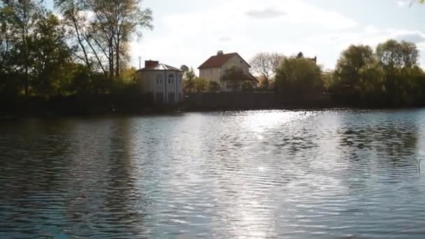 Vacker bakgrund av dammen och landsbygden — Stockvideo