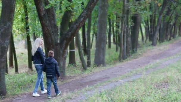 Madre e figlio passeggiando nel parco — Video Stock