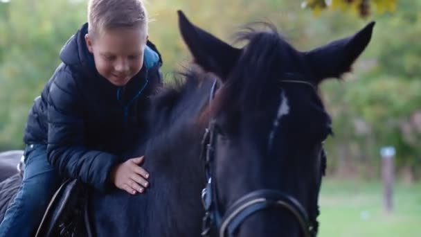 Glückliches Kind auf dem Pferderücken — Stockvideo