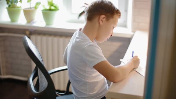Белый мальчик делает свою домашнюю работу — стоковое видео