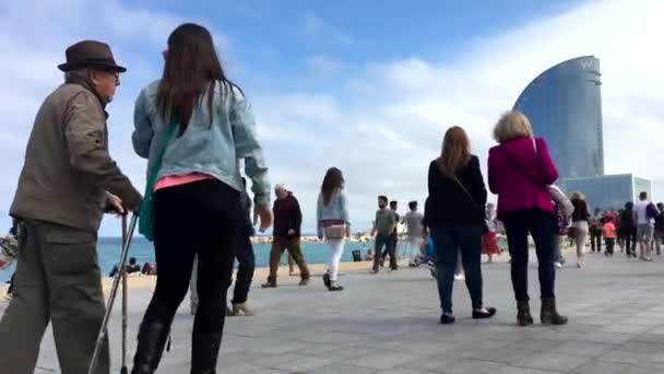 BARCELONA, SPAIN - 7 MAY 2017 : People walking by embankment — Stock Video