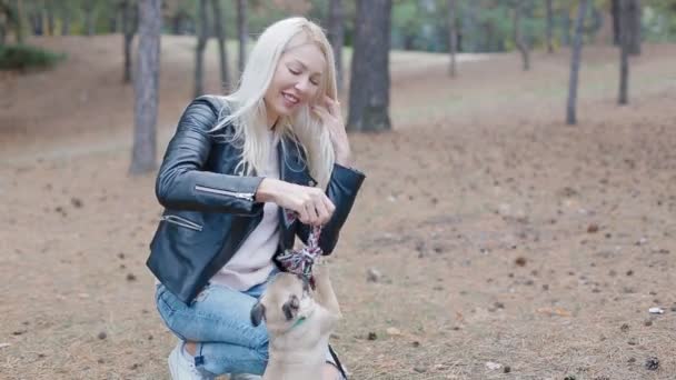 White woman playing with puppy pug outdoors — Stock Video