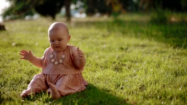 Portret van babymeisje zittend op het gras — Stockvideo