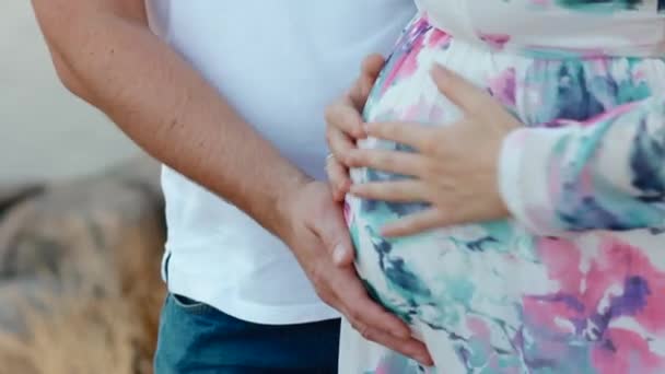Hombre tocando el vientre de su esposa embarazada — Vídeo de stock