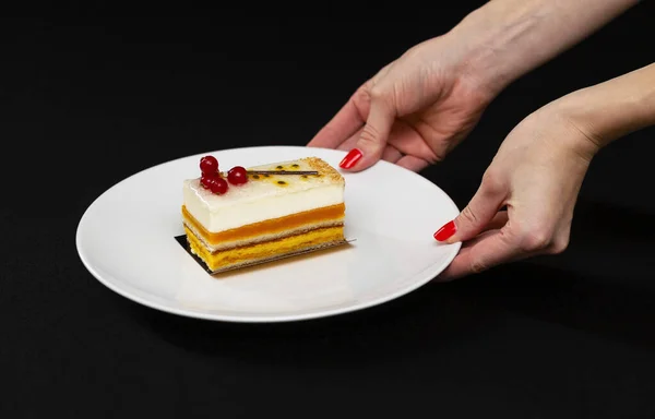 Beyaz kremalı ve kırmızı üzümlü çok katmanlı güzel pasta, beyaz tabakta, tatlı servisi.