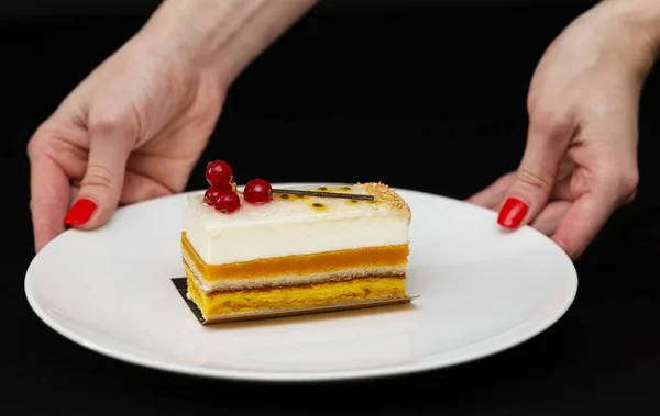 Multi layered beautiful cake with white cream and red currants, on a white plate, dessert serving — Stock Photo, Image