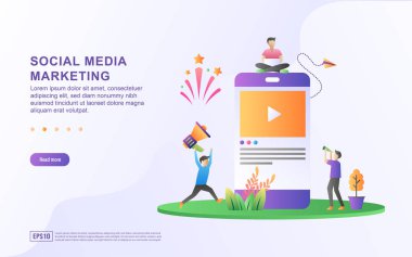 Sosyal medya pazarlama illüstrasyon kavramı. Dijital pazarlama, arkadaşınızı sosyal medyada yönlendirin, yorum paylaşın ya da yazın. Web iniş sayfası, pazarlama materyali, mobil uygulama, web pankartı için uygun.