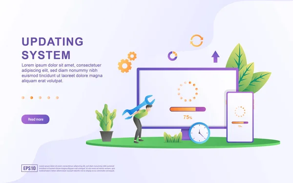Sistem illüstrasyon kavramı güncelleniyor. Sistem Güncelleme Geliştirme Değiştir Yeni Sürüm yazılımı, veri eşgüdümleme süreci ve kurulum programı. Web iniş sayfası, mobil uygulama, web pankartı için uygun.