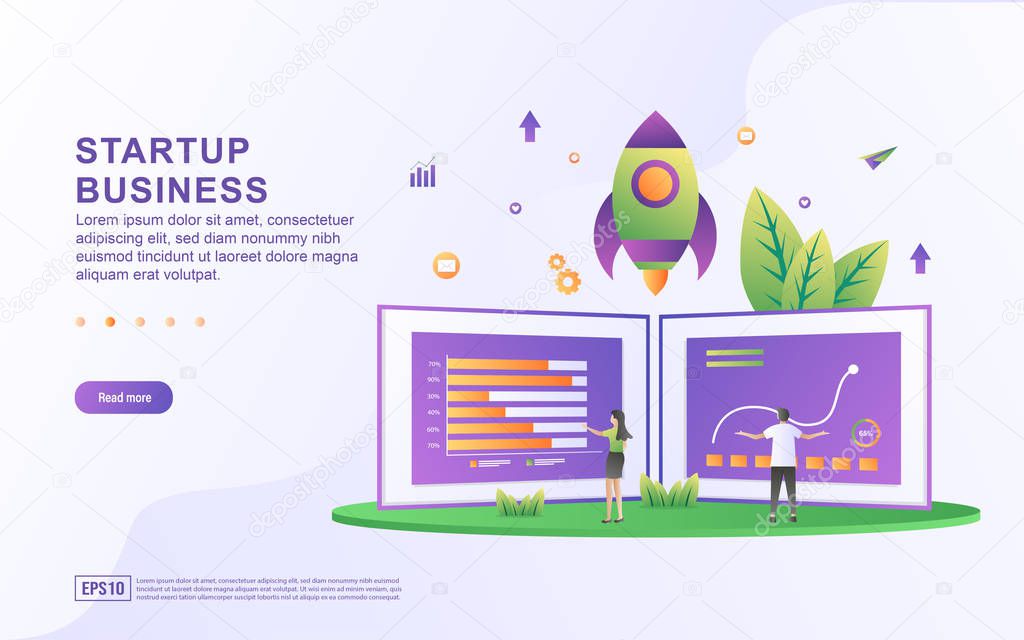 Startup business illustration concept. Business partnership concept, people analysis data graph, Progress monitoring. Suitable for web landing page, marketing material, mobile app, web banner.