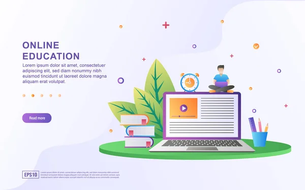 Çevrimiçi eğitim illüstrasyonu. Çevrimiçi eğitim, eğitim ve kurslar, öğrenme. Web sitesi ve mobil web sitesi için düz tasarım konsepti. Düzenlemek ve kişiselleştirmek kolay. Vektör illüstrasyonu