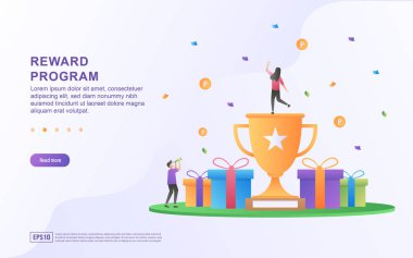Ödül programı konsepti tasarımı, insanların nakit ödülleri ve online alışveriş hediyeleri, müşteriler için nakit geri ödeme programı. Web iniş sayfası, pazarlama materyali, mobil uygulama, web pankartı için uygun.