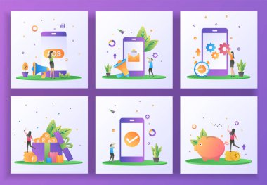 Düz dizayn konsepti. Reklam, dijital pazarlama, mobil uygulama güncellemesi, kazanç noktası, uygulama kontrolü, tasarruf parası. Web iniş sayfası, ui, uygulama, pankart şablonu için kullanılabilir. Vektör İllüstrasyonu