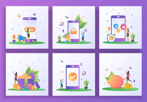 Set van flat design concept. Adverteren, Digitale marketing, Mobiele app-update, Verdien punt, Toepassingscontrole, Geld besparen. Kan gebruikt worden voor web landing page, ui, app, banner template. Vector Illustratie — Stockvector