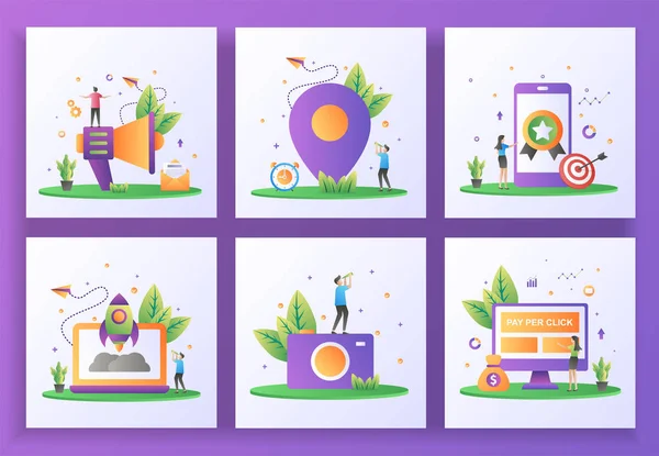 Conjunto de concepto de diseño plano. Email marketing, Ubicación, Alta calidad, Startup, Fotografía, Pago por clic. Puede utilizar para la página de destino web, ui, aplicación móvil, plantilla de banner. Ilustración vectorial — Vector de stock