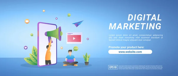 Dijital pazarlama konsepti. İnsanlar ürünleri sosyal medyada tanıtıyor, promosyon içeriğini paylaşıyorlar. Web iniş sayfası, pazarlama, reklam, promosyon, afiş için uygun. Vektör illüstrasyonu