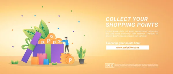 Çevrimiçi alışveriş noktaları topla. Makbuzlarla puanları değiştir. Sadık müşteriler için ödül programı. Web iniş sayfası, pazarlama, reklam, promosyon, afiş için uygun. Vektör illüstrasyonu