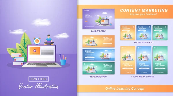 Content marketing material set. Register for courses and study online. Digital education, online learning. Including Landing page, Social media post and story, Web banner. Vector illustration