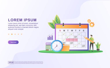 Planlamanın Vektör İllüstrasyonu konsepti. İşadamı işi için plan yapıyor. Programda iş etkinliği programlarını düzenliyor..