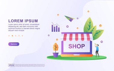 İniş sayfası şablonu çevrimiçi iş illüstrasyonları ya da e-ticaret platformlarındaki satışlarla dolu