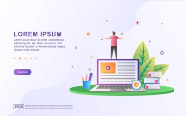 Kitap ve bilgisayar simgesi ile çevrimiçi öğrenmenin ve makaleleri okumanın vektör illüstrasyonu.